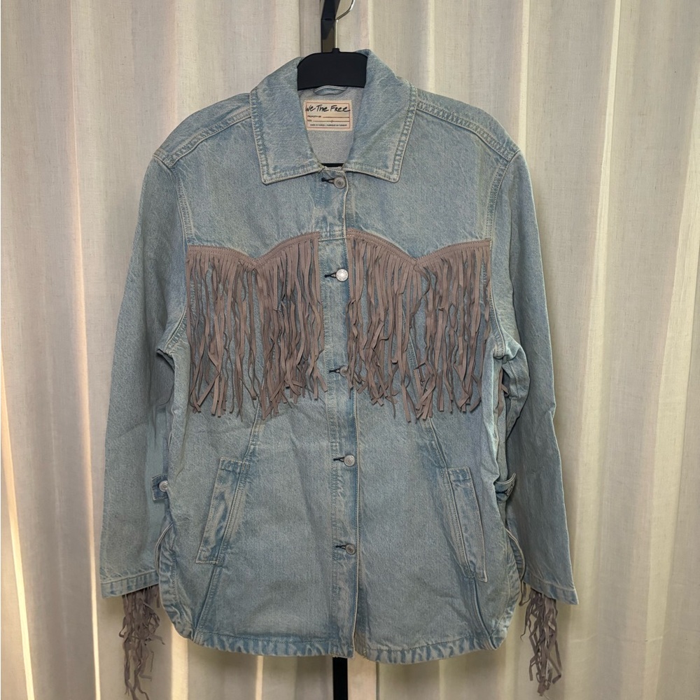 We The Free Light Blue Denim Jacket with Fringe